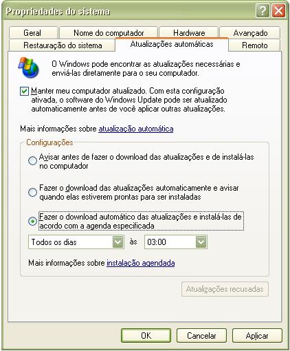 Tela de aviso da Atualização Automática do Windows